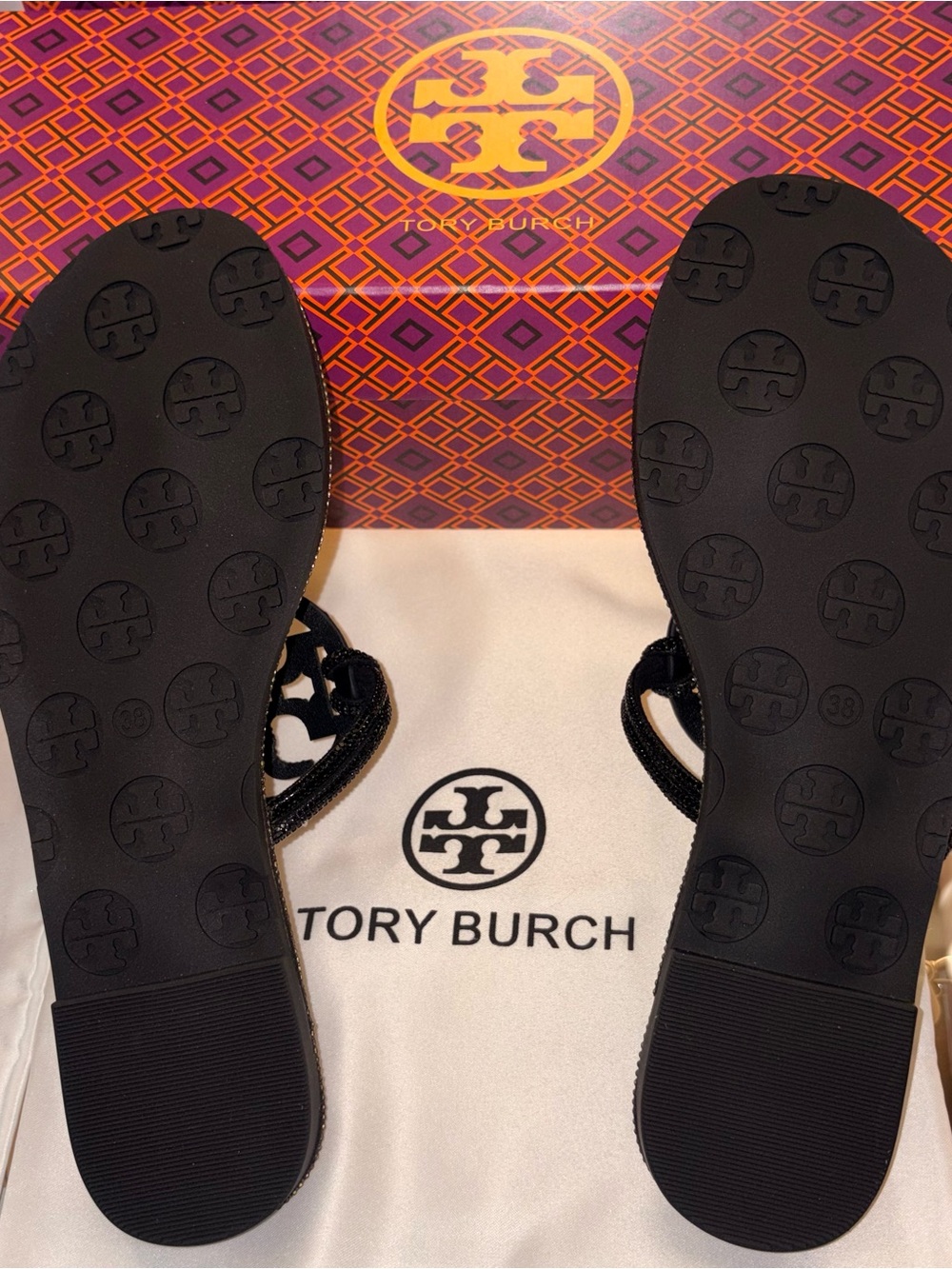 Tory Burch Black Crystal Logo Thong Sandals - Picture 3 of 3